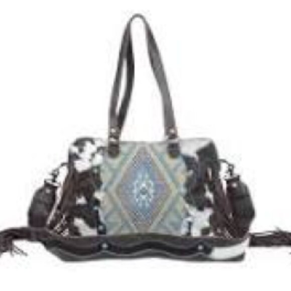 Myra Crashing Waves Fringed Hair On Leather Travel Tote Bag🆕FAST😮‍💨⚡🚚 - Picture 1 of 16